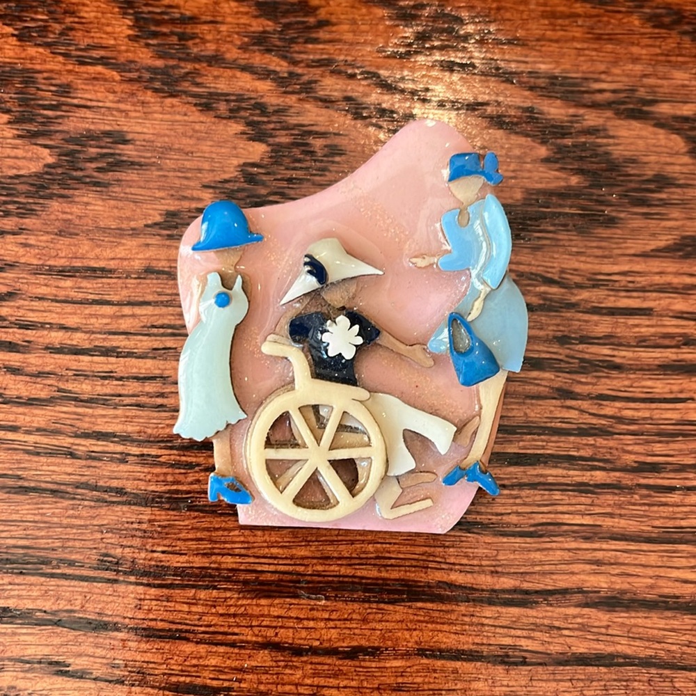 Woman Pins by Lucinda Pink And Blue Brooch With Woman In Wheelchair